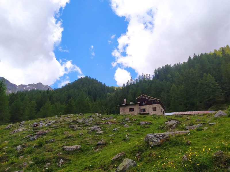 Malga Maleda Alta, o Malga Stablaz Alta, domina la val Maleda, piccola laterale della val di Rabbi.