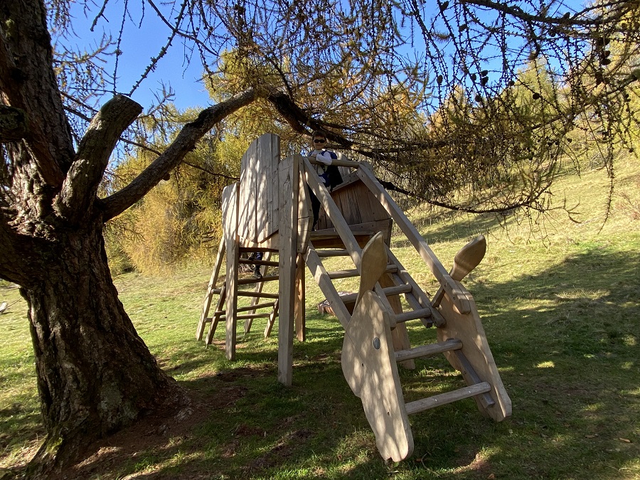 Bellissima struttura gioco a forma di cavallo lungo il sentiero Guggn, sull'altopiano del Salto
