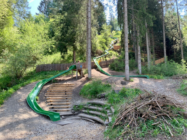 due lunghi scivoli verdi nel bosco